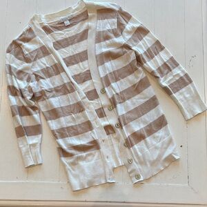 New York & Company Striped Button-Front Cardigan - Cream & Tan